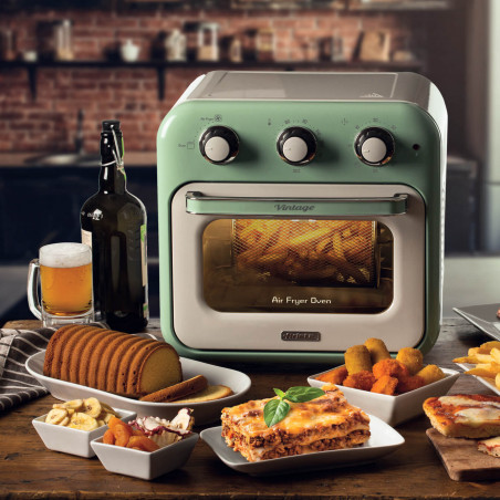 Фритюрник-фурна с горещ въздух Ariete VINTAGE 4632/04, 1400W, 16 л, До 230C, Таймер 60 мин, Въртяща се кошница, Бял/Зелен