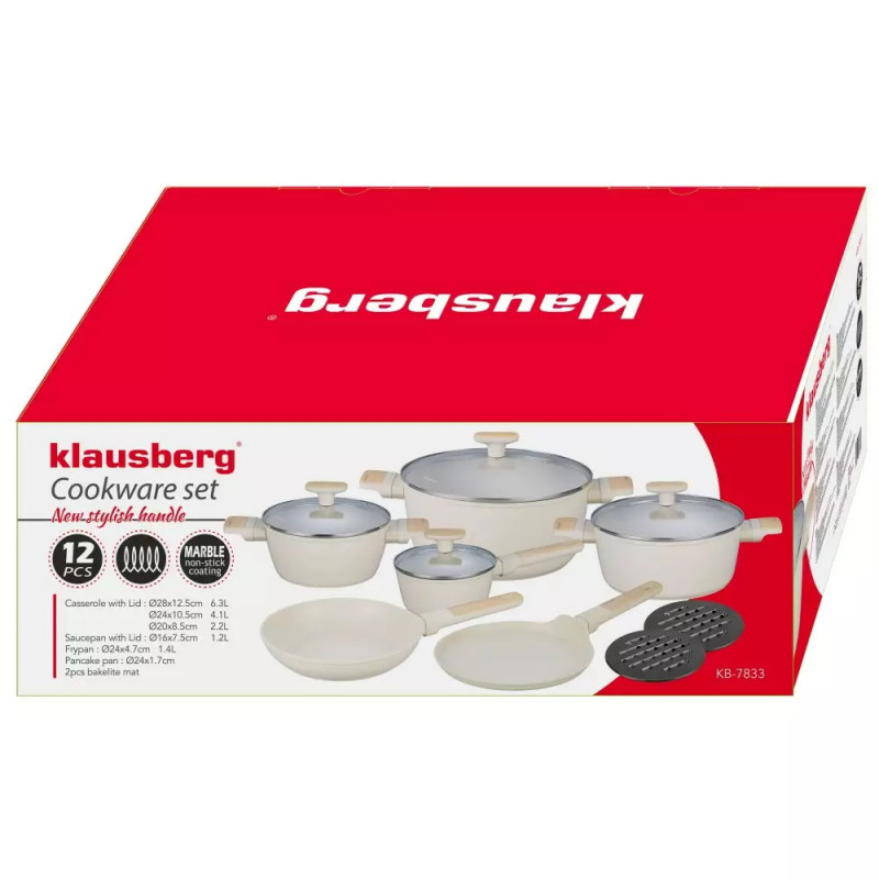 Комплект съдове за готвене Klausberg, KB 7833, 12 части, Незалепващо покритие, Индукция, Бежов
