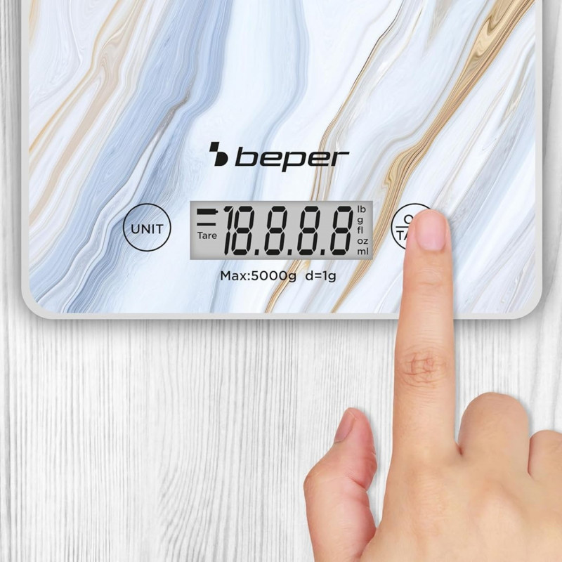 Кухненска везна Beper P102BIL001, До 5 кг, LCD дисплей, Твърди храни и течности, Сензорно управление, Закалено стъкло, Мрамор