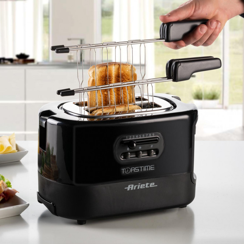 Тостер за хляб Ariete TOASTIME 0159/02, 700W, 2 филии, 3 функции, 9 степени, Подвижна тава за трохи, Черен