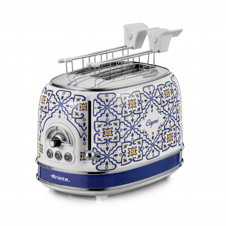Тостер за хляб Ariete Capri 0155/0C, 810W, 2 филии, 3 функции, 6 степени, Подвижна тава за трохи, Бял/Син