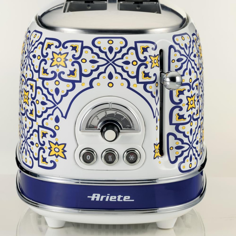 Тостер за хляб Ariete Capri 0155/0C, 810W, 2 филии, 3 функции, 6 степени, Подвижна тава за трохи, Бял/Син