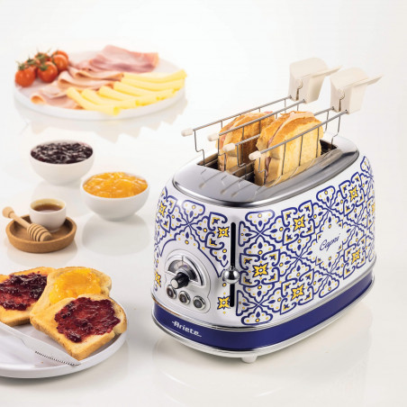 Тостер за хляб Ariete Capri 0155/0C, 810W, 2 филии, 3 функции, 6 степени, Подвижна тава за трохи, Бял/Син