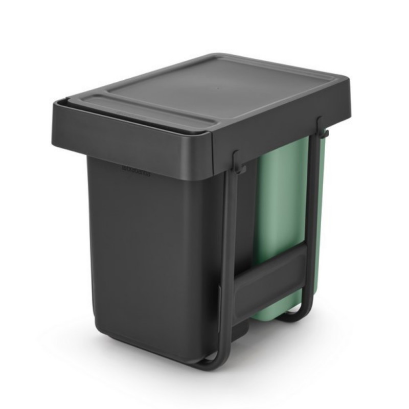 Кош за разделно събиране на боклук Brabantia Sort&Go 1008862, 2x15 л, Вътрешен монтаж с телескопична рамка, Сив/зелен