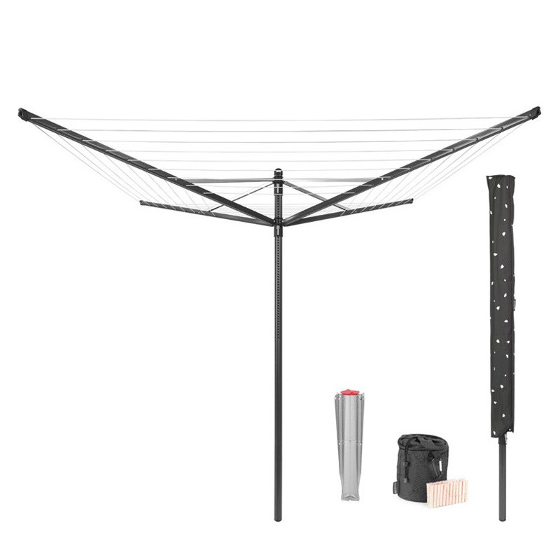 Външен простор Brabantia Lift-O-Matic 1003467, 50 м, Регулируема височина, Метален шиш за вкопаване, Калъф, Торба с щипки, Резистентен на корозия, Черен
