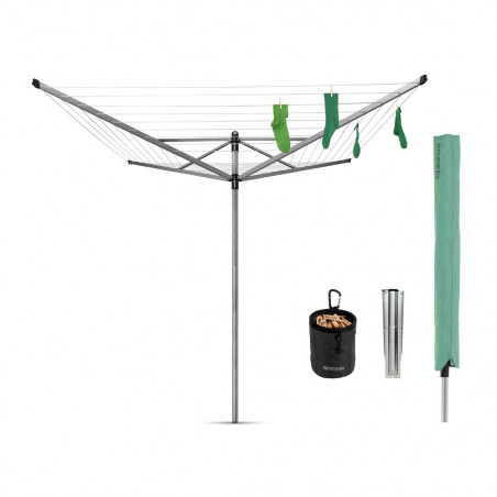 Външен простор Brabantia Lift-O-Matic 1003466, 50 м, Регулируема височина, Метален шиш за вкопаване, Калъф, Торба с щипки, Резистентен на корозия, Инокс