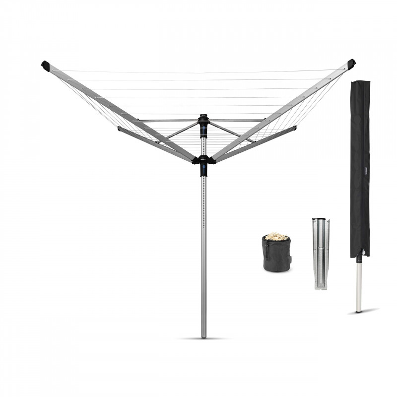 Външен простор Brabantia Lift-O-Matic Advance 90300254, 50 м, Регулируема височина, Метален шиш за вкопаване, Калъф, Торба с щипки, Резистентен на корозия, Инокс