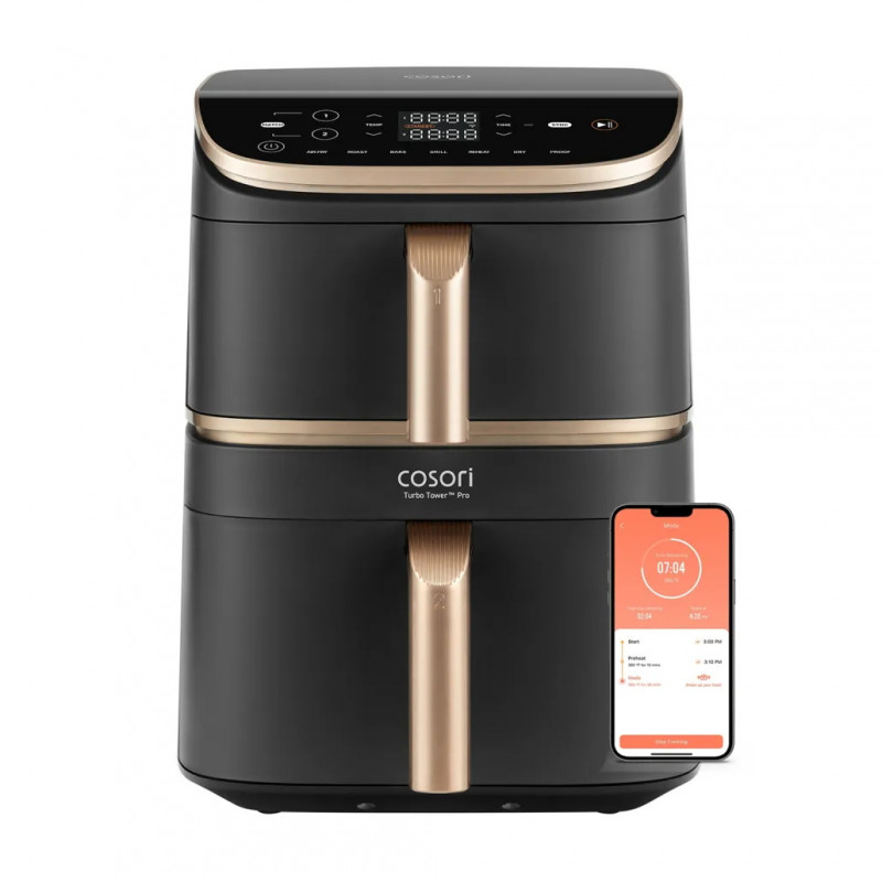 Двоен фритюрник с горещ въздух Cosori Turbo Tower Pro CAF-DC123S, 2630W, 10.8 л, 30-230C, 7 програми, Синхронизиране, Смарт, Черен