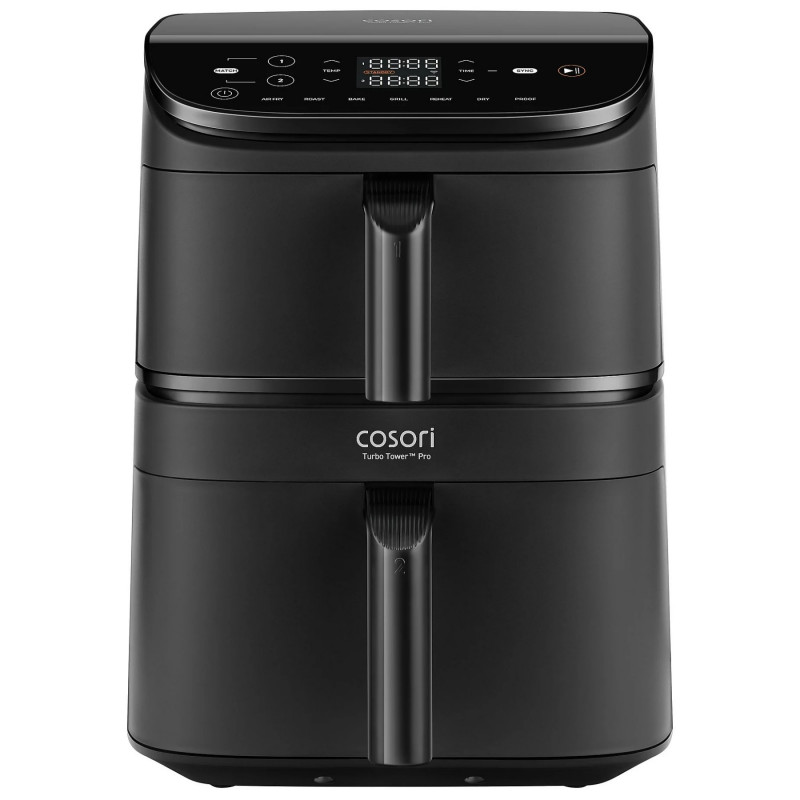 Двоен фритюрник с горещ въздух Cosori CAF-DC121 Turbo Tower, 2630W, 4.3/6.5 л, 7 програми, 30-230C, Сензорно управление, Таймер, Студени стени, Черен