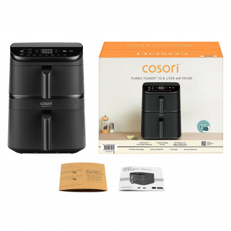 Двоен фритюрник с горещ въздух Cosori CAF-DC121 Turbo Tower, 2630W, 4.3/6.5 л, 7 програми, 30-230C, Сензорно управление, Таймер, Студени стени, Черен