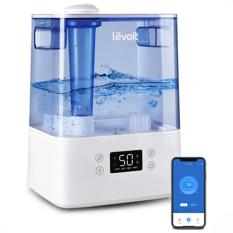 Ултразвуков смарт овлажнител за въздух Levoit Classic 300S, 47 м2, 26W, 6 Л, Smart, WiFi, Гласови команди, Автономия 60 ч, Бял/Син