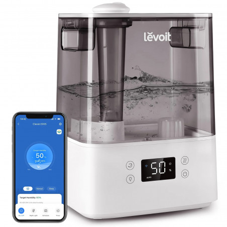 Ултразвуков смарт овлажнител за въздух Levoit Classic 300S, 47 м2, 26W, 6 Л, Smart, WiFi, Гласови команди, Автономия 60 ч, Бял/Сив