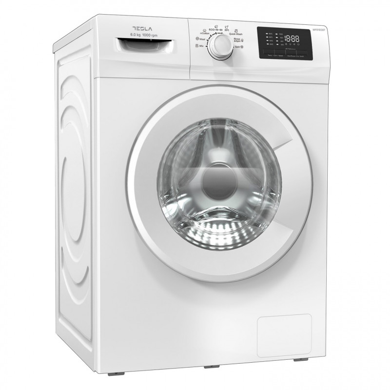 Пералня с предно зареждане Tesla WF61030T, 1950W, 6 кг, 42 л, 8 програми, 1000 об/мин, Клас Е, Защита от деца, LED, Бял