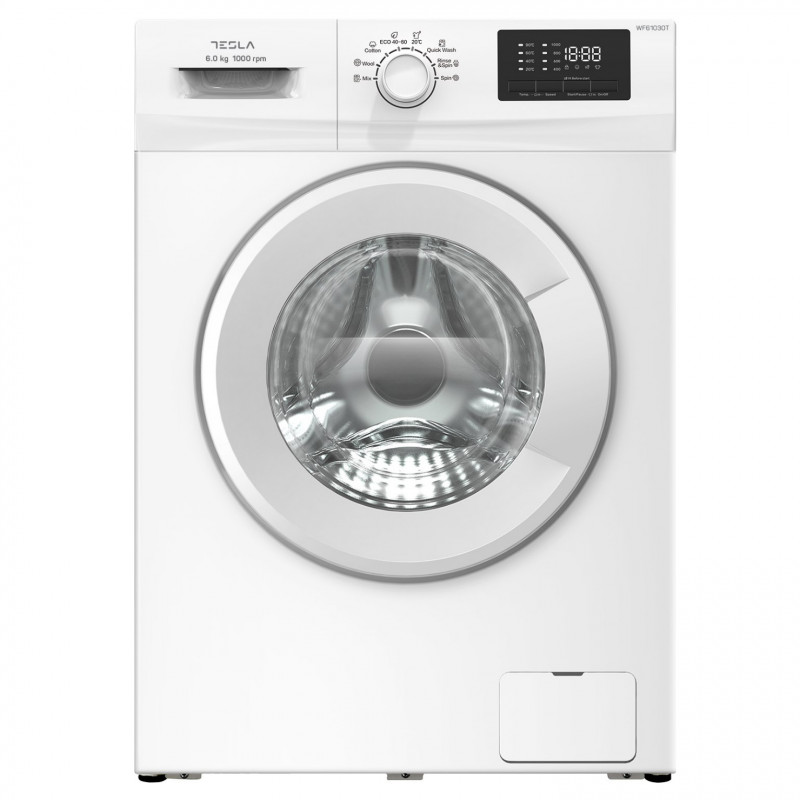 Пералня с предно зареждане Tesla WF61030T, 1950W, 6 кг, 42 л, 8 програми, 1000 об/мин, Клас Е, Защита от деца, LED, Бял