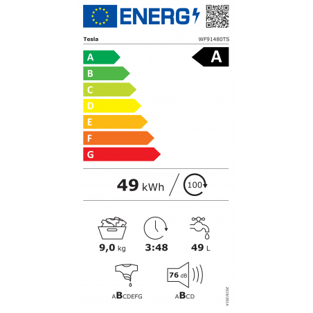 Пералня с предно зареждане Tesla WF91480TS, 1900W, 9 кг, 60 л, 14 програми, 1400 об/мин, Клас A, Steam Care, LED, Сребрист