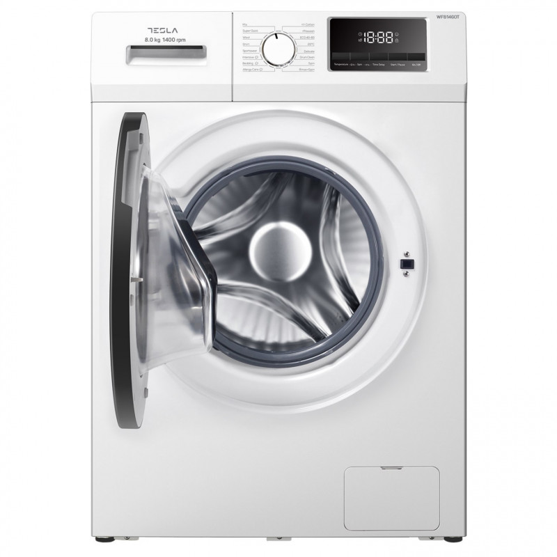 Пералня с предно зареждане Tesla WF81460T, 1900W, 8 кг, Инверторен мотор, 1400 об/мин, Клас А, 16 програми, Интелигентно пране, Бял
