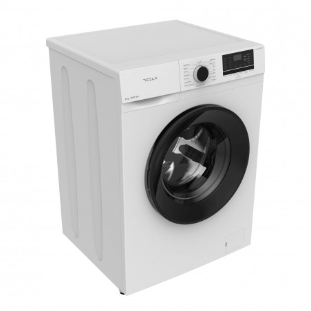 Пералня с предно зареждане Tesla WF61030K, 1950W, 6 кг, 1000 об/мин, 16 програми, Енергиен клас Е, LED дисплей, Заключване за деца, Бял/черен