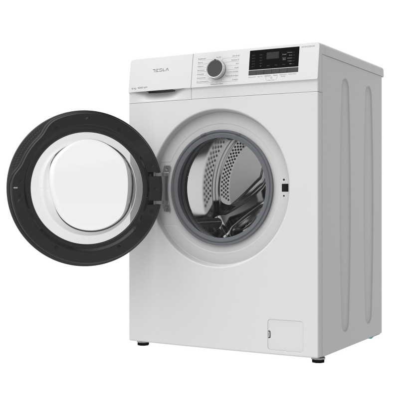 Пералня с предно зареждане Tesla WF61030K, 1950W, 6 кг, 1000 об/мин, 16 програми, Енергиен клас Е, LED дисплей, Заключване за деца, Бял/черен