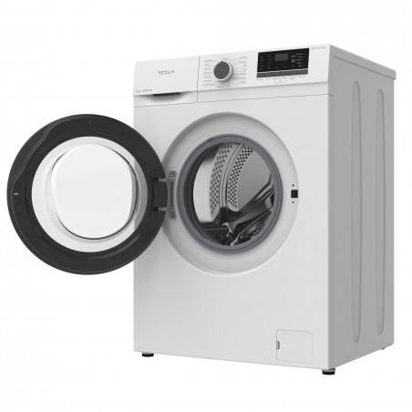 Пералня с предно зареждане Tesla WF61030K, 1950W, 6 кг, 1000 об/мин, 16 програми, Енергиен клас Е, LED дисплей, Заключване за деца, Бял/черен