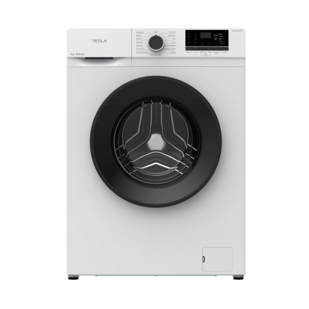 Пералня с предно зареждане Tesla WF61030K, 1950W, 6 кг, 1000 об/мин, 16 програми, Енергиен клас Е, LED дисплей, Заключване за деца, Бял/черен