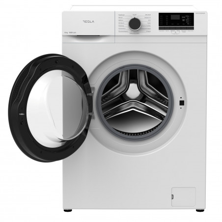 Пералня с предно зареждане Tesla WF61030K, 1950W, 6 кг, 1000 об/мин, 16 програми, Енергиен клас Е, LED дисплей, Заключване за деца, Бял/черен