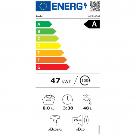 Пералня с предно зареждане Tesla WF81430T, 2050W, 8 кг, 53 л, 16 програми, 1400 об/мин, Клас A, Steam Care, LED, Бял