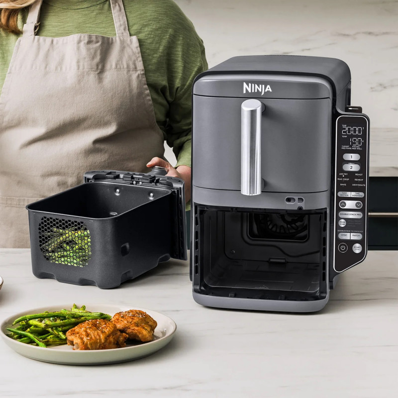 Двоен фритюрник с горещ въздух Ninja SL451EU, 2470W, 9.5 л, Цифров термометър, 2 кошници, 6 програми, Max Crisp, Sync & Match, Сив