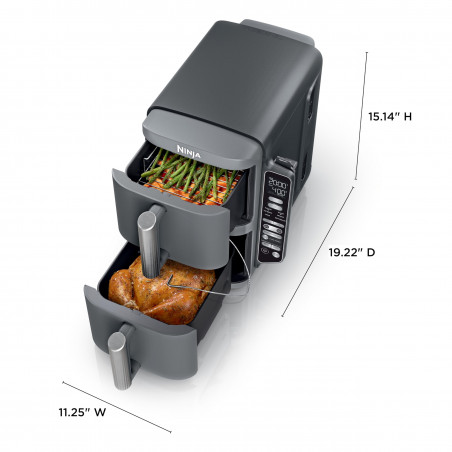 Двоен фритюрник с горещ въздух Ninja SL451EU, 2470W, 9.5 л, Цифров термометър, 2 кошници, 6 програми, Max Crisp, Sync & Match, Сив