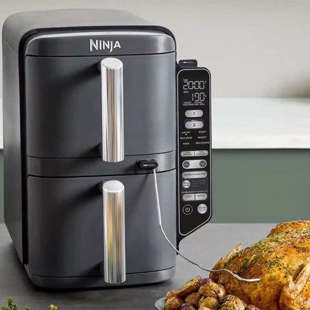 Двоен фритюрник с горещ въздух Ninja SL451EU, 2470W, 9.5 л, Цифров термометър, 2 кошници, 6 програми, Max Crisp, Sync & Match, Сив