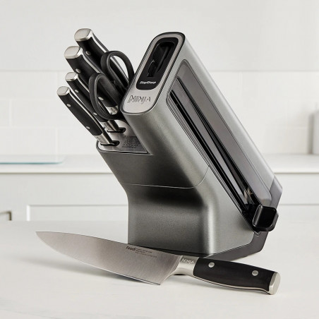 Комплект кухненски ножове с точило Ninja K32014EUUK, 6 части, StaySharp, Ергономичен дизайн, Сребрист/черен