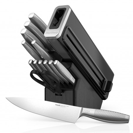 Комплект кухненски ножове с точило Ninja K62014EUUK, 14 части, StaySharp, Ергономичен дизайн, Сребрист/черен