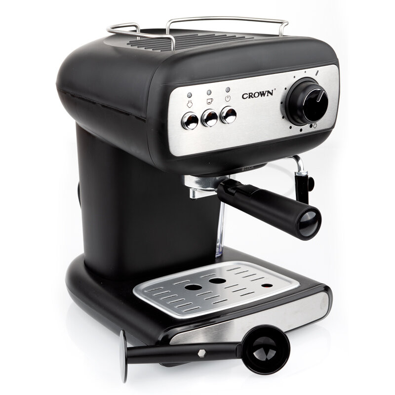 Еспресо машина Crown CEM-1525, 850W, 15 bar, 1.2 л, Подгряване на чаши, Пара, Подвижен резервоар, Крема диск, Черен
