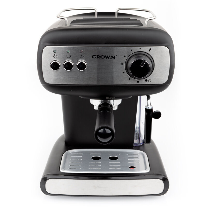 Еспресо машина Crown CEM-1525, 850W, 15 bar, 1.2 л, Подгряване на чаши, Пара, Подвижен резервоар, Крема диск, Черен