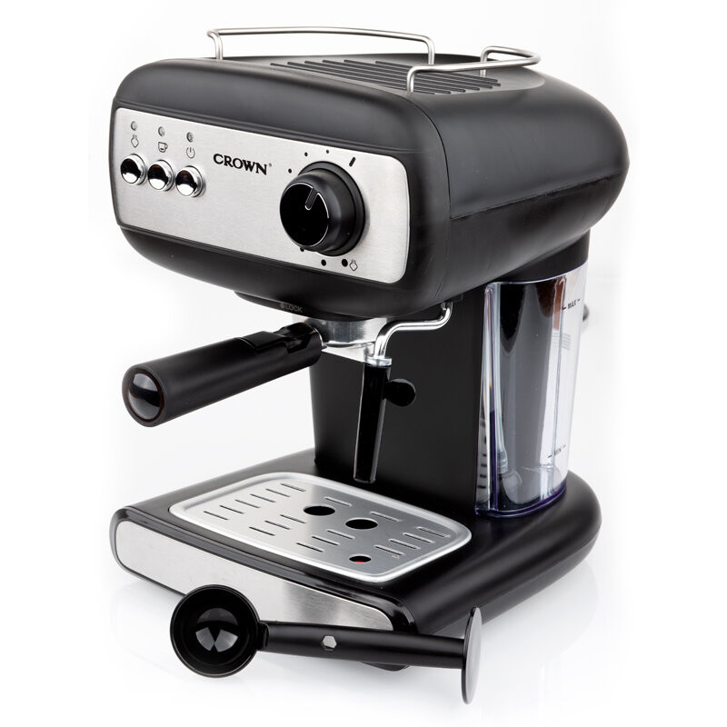 Еспресо машина Crown CEM-1525, 850W, 15 bar, 1.2 л, Подгряване на чаши, Пара, Подвижен резервоар, Крема диск, Черен