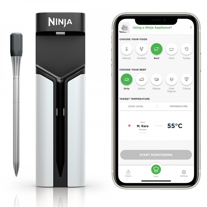 Кухненски термометър Ninja ProChef WP100EU, Bluetooth, Мобилно приложение, Сензор за вътрешна и околна темп, До 370C, Черен/сребрист