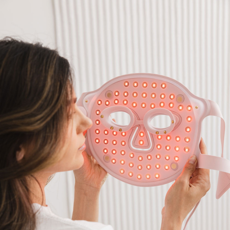 Фототерапевтична маска за лице Beautifly Aura Glam, 220 LED светлини, Колагенова регенерация и антиейдж ефект, 3 интензитета, Охлаждане, USB-C, Розов