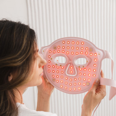 Фототерапевтична маска за лице Beautifly Aura Glam, 220 LED светлини, Колагенова регенерация и антиейдж ефект, 3 интензитета, Охлаждане, USB-C, Розов