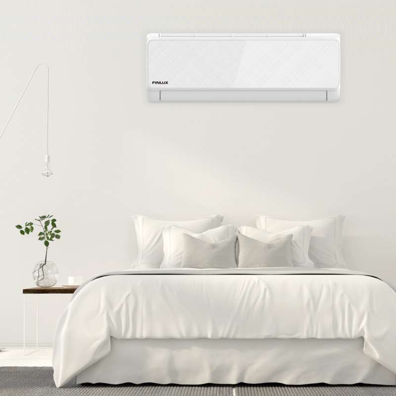 Инверторен климатик Finlux 12LIE55BE, 12000 BTU, 30 м2, Нагревател на външно тяло, 4D обдухване, Работа при -25C, Бял
