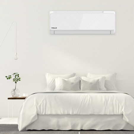 Инверторен климатик Finlux 12LIE55BE, 12000 BTU, 30 м2, Нагревател на външно тяло, 4D обдухване, Работа при -25C, Бял
