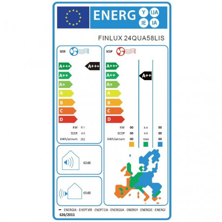 Инверторен климатик Finlux 24QUA58LIS, 24000 BTU, 55 м2, A+++, Wi-Fi, Нагревател на външно тяло, Плазмен филтър, 4D обдухване, Бял