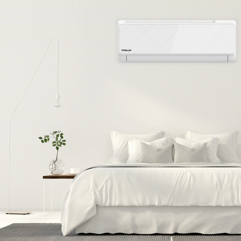 Инверторен климатик Finlux 24QUA58LIS, 24000 BTU, 55 м2, A+++, Wi-Fi, Нагревател на външно тяло, Плазмен филтър, 4D обдухване, Бял