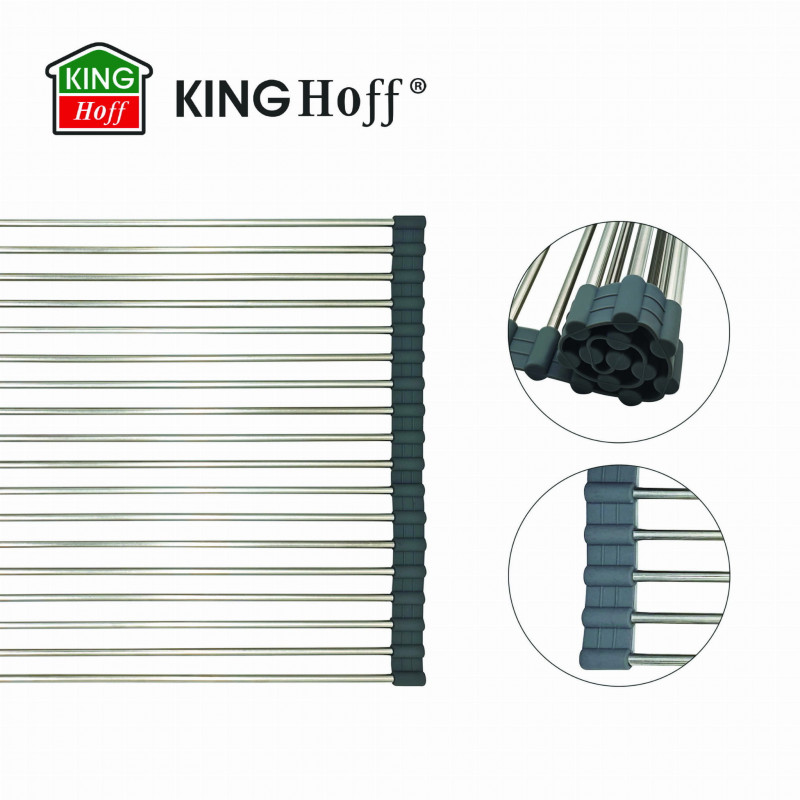 Постелка за сушене на съдове Kinghoff KH 1903, 45х32 см, Устойчива на корозия, Силиконви краища, Неплъзгаща се, Сгъваема, Инокс/сив