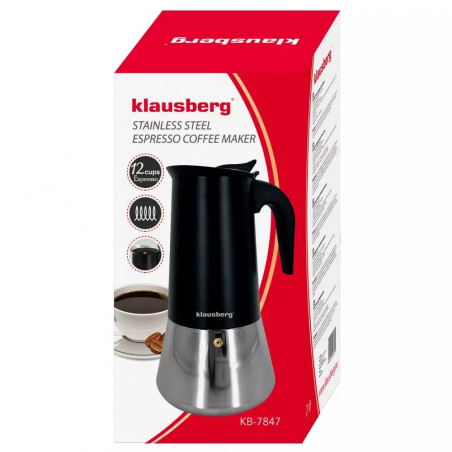 Кубинска кафеварка Klausberg KB 7847, 12 чаши, 600 мл, Неръждаема стомана, Индукция, Черен/Инокс