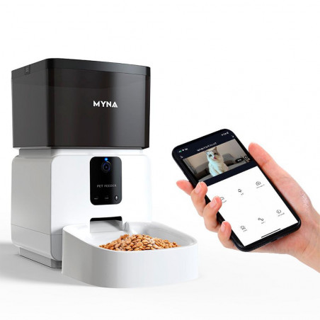 Автоматичен SMART диспенсър за храна за кучета и котки MYNA, 5 л, Камера, WiFi приложение, Заключване на бутони, Суха храна, Бял/черен