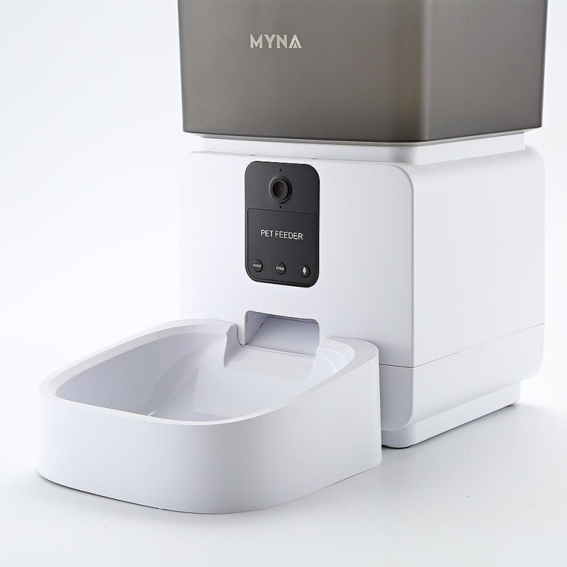 Автоматичен SMART диспенсър за храна за кучета и котки MYNA, 5 л, Камера, WiFi приложение, Заключване на бутони, Суха храна, Бял/черен