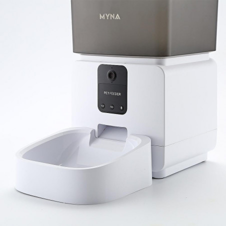Автоматичен SMART диспенсър за храна за кучета и котки MYNA, 5 л, Камера, WiFi приложение, Заключване на бутони, Суха храна, Бял/черен