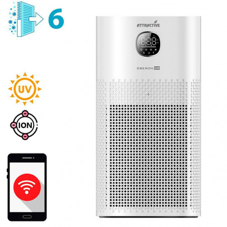 Пречиствател за въздух Attractive OBERON 520, 50W, За до 62 м2, Wi-Fi, 5 скорости, Таймер, Нощен режим, Дистанционно, Интелигентен сензор за замърсяване, Бял