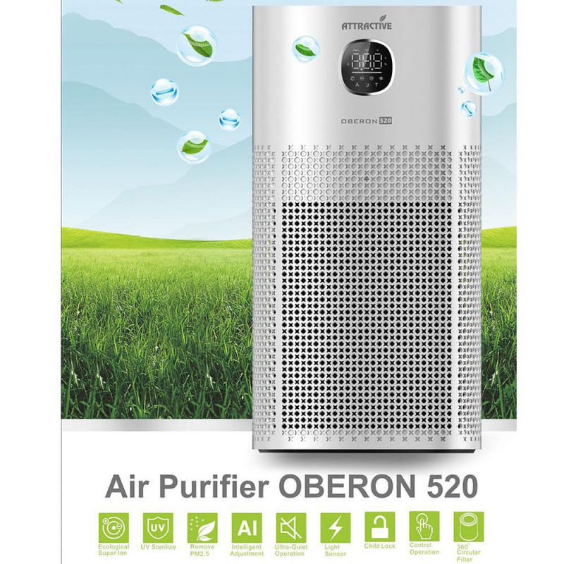 Пречиствател за въздух Attractive OBERON 520, 50W, За до 62 м2, Wi-Fi, 5 скорости, Таймер, Нощен режим, Дистанционно, Интелигентен сензор за замърсяване, Бял