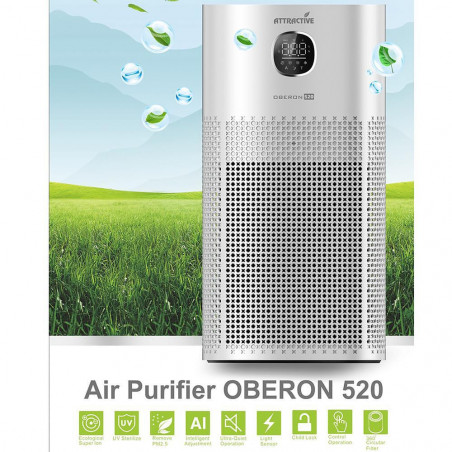 Пречиствател за въздух Attractive OBERON 520, 50W, За до 62 м2, Wi-Fi, 5 скорости, Таймер, Нощен режим, Дистанционно, Интелигентен сензор за замърсяване, Бял