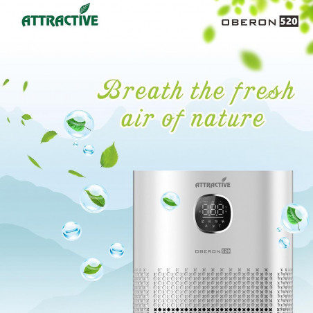Пречиствател за въздух Attractive OBERON 520, 50W, За до 62 м2, Wi-Fi, 5 скорости, Таймер, Нощен режим, Дистанционно, Интелигентен сензор за замърсяване, Бял
